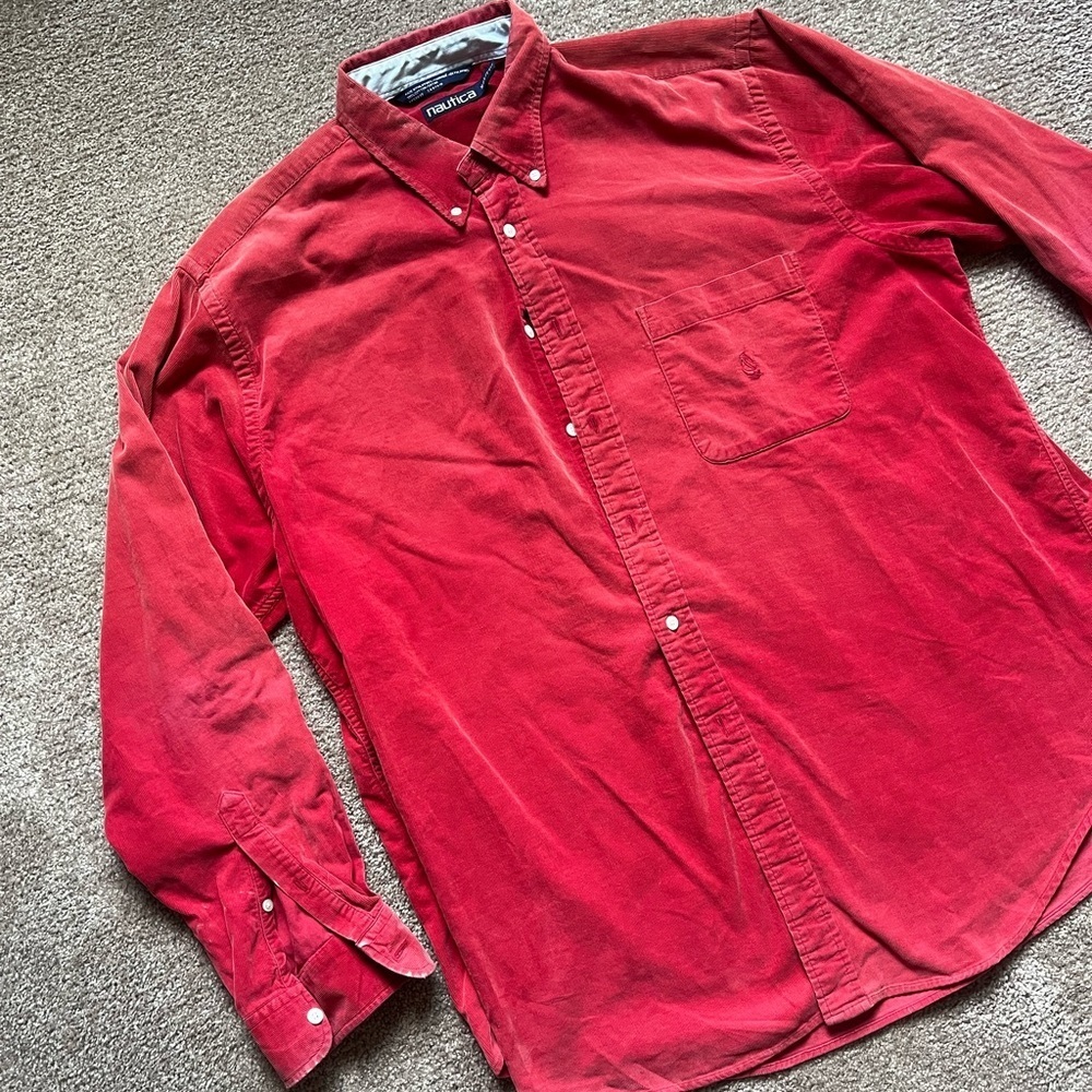 VTG 90’s Nautica Red Corduroy Button Down Shirt - Picture 3 of 5